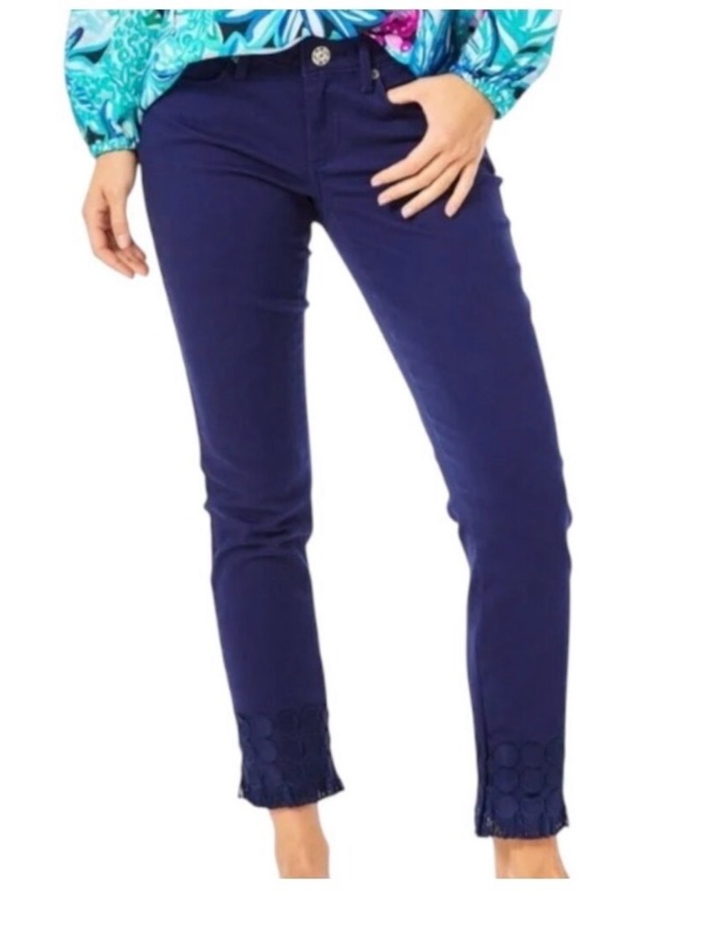 Lilly Pulitzer Navy Cropped Skinny Pants with Fringe Hem